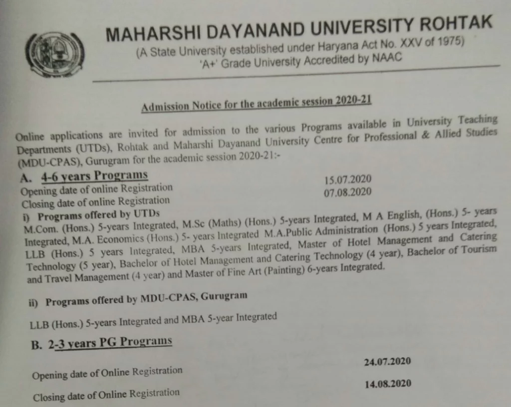 MDU Rohtak Admission 2020: Admission Procedure 