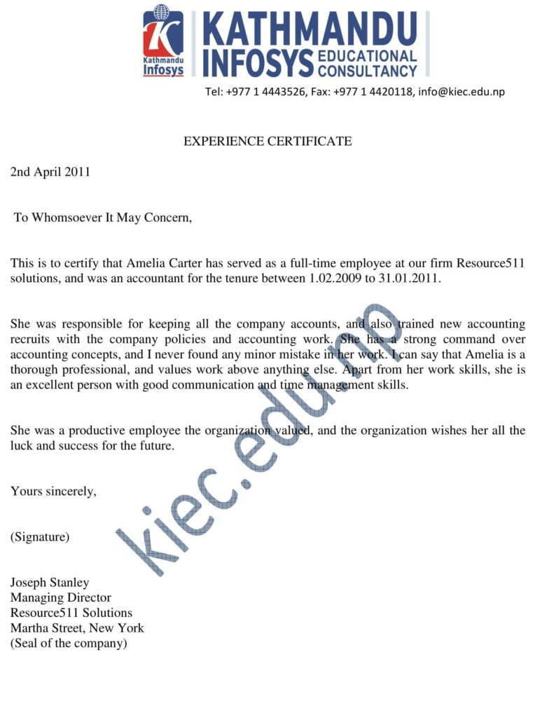 Experience Letter Format Sample How To Write Work Experience Letter 