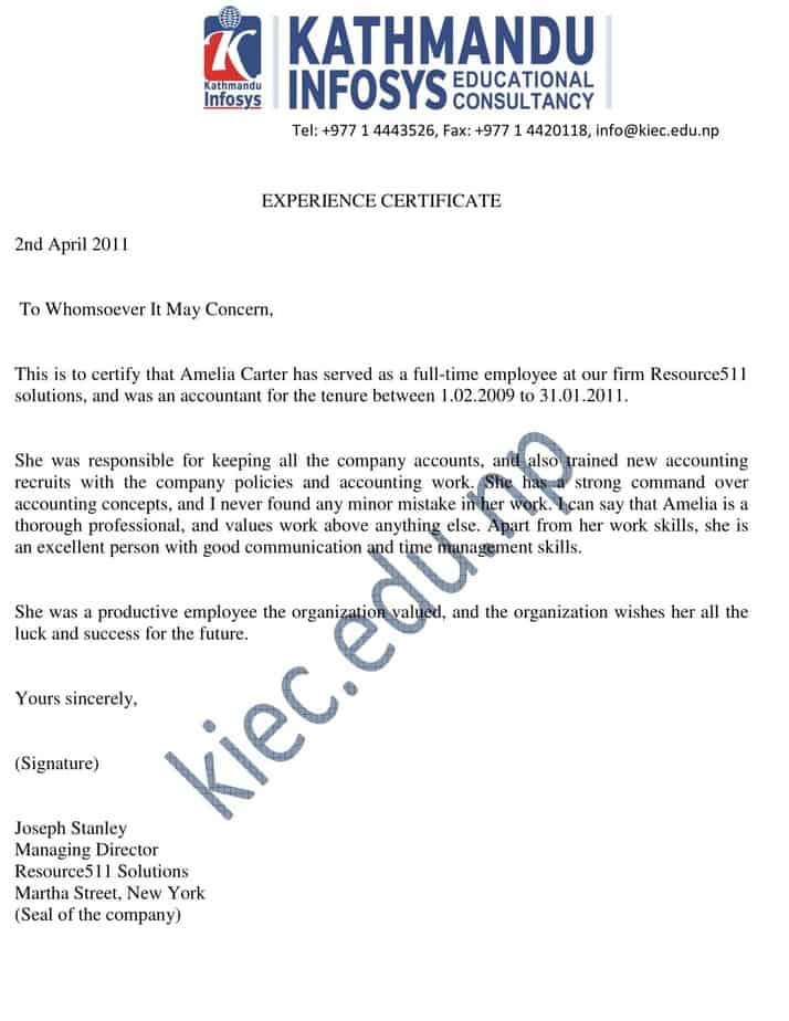 Experience Letter Format Sample How To Write Work Experience Letter 