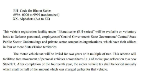 BH Bharat Series Vehicle Registration rule 
