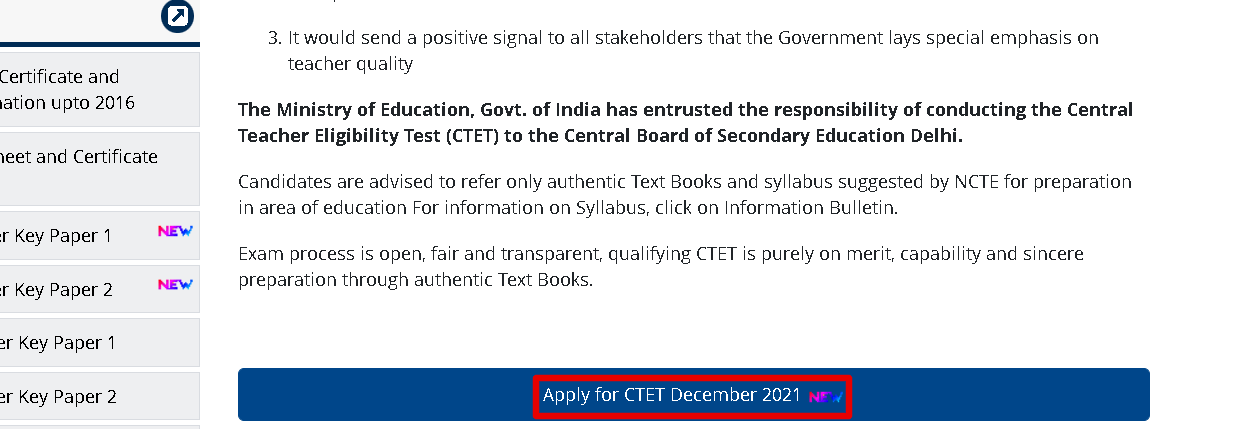 CTET 2021 December apply process 