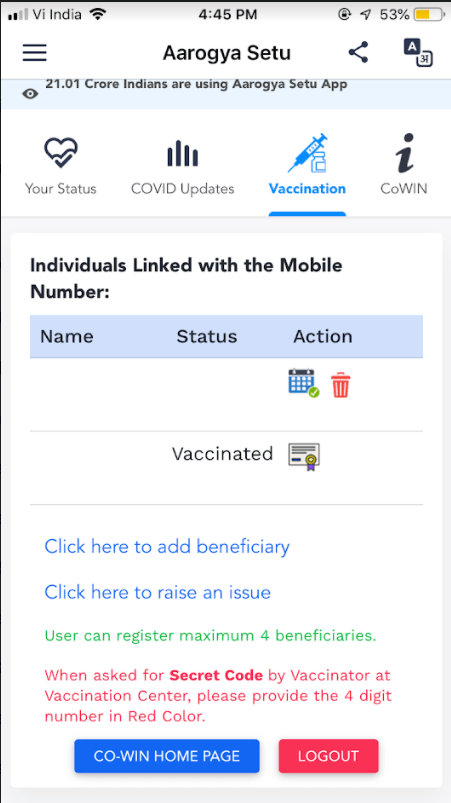 Download Vaccine Certificate through Arogya Setu