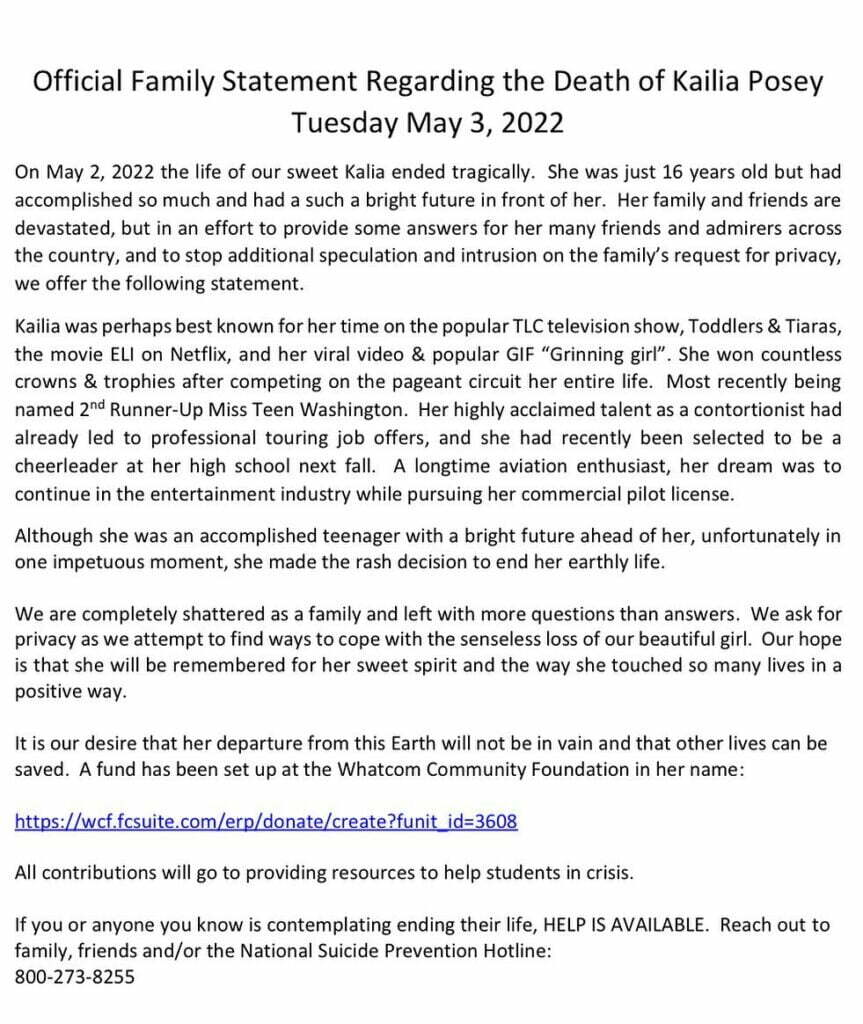 Kailia Posey's cause of death revealed