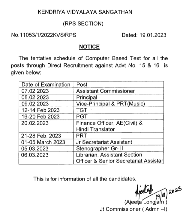 KVS TGT PGT Exam Date Notice