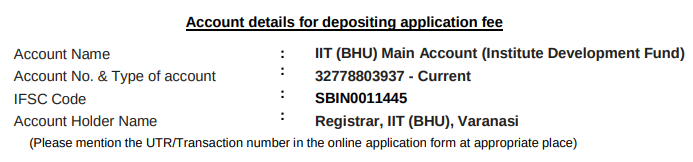 Bank Details IIT BHU Fee Payment