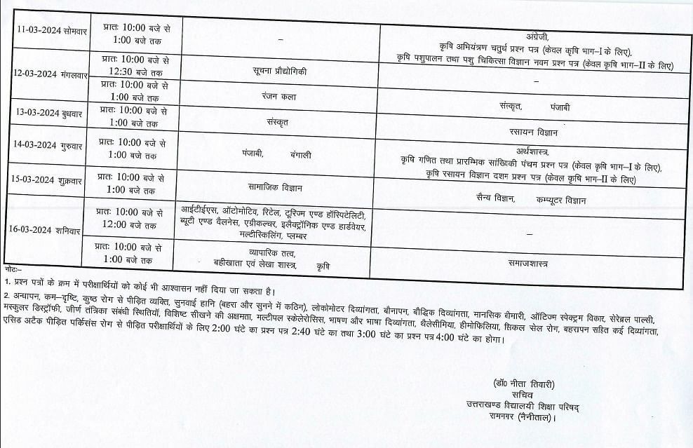 UBSE 10th Board Exam Date Sheet