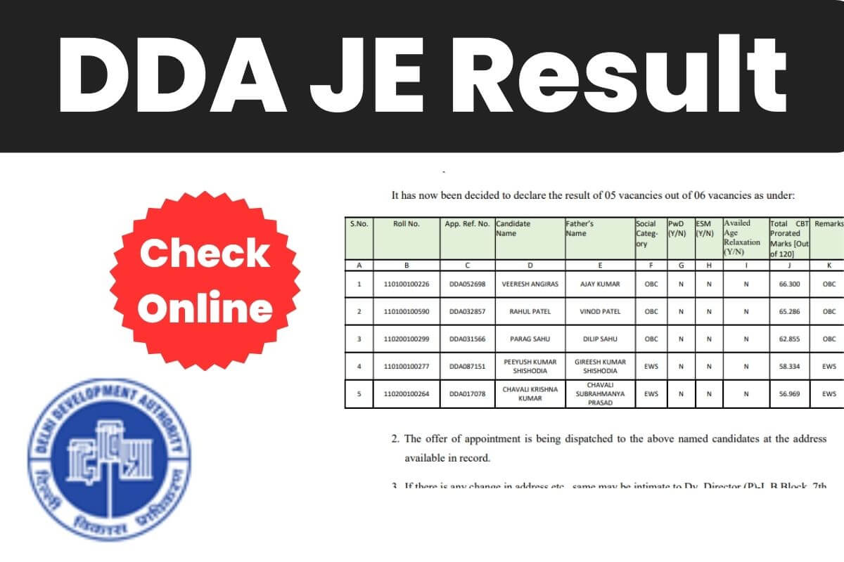 DDA JE Result 2023 Out, Direct Link to Download