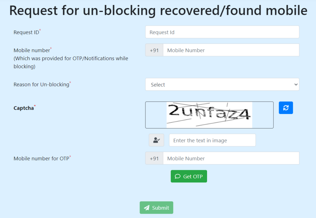 Unblock Recovered or Found Mobbile on CEIR Portal
