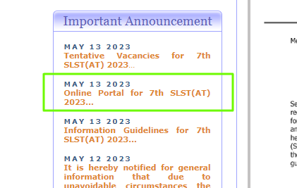 WBMSC Online Portal for 7th SLST(AT) 2023