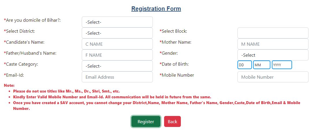 SAV Bihar Registration Form