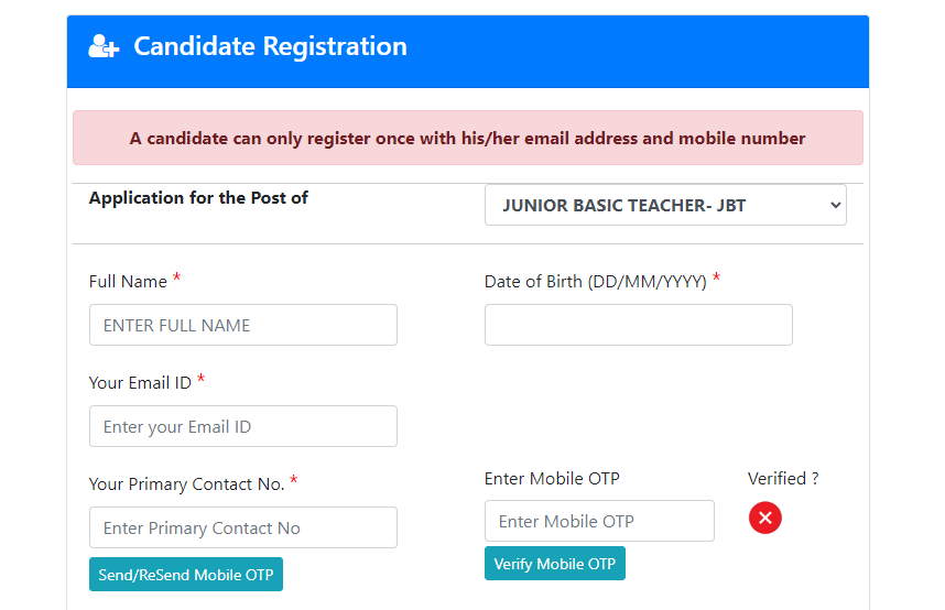 Chandigarh JBT Teacher Registration Form