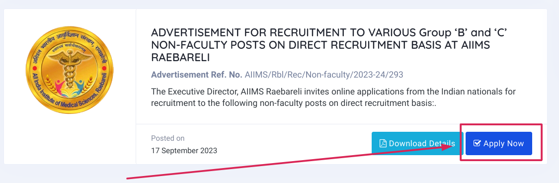 AIIMS Raebareli Group B and C Apply Online Link
