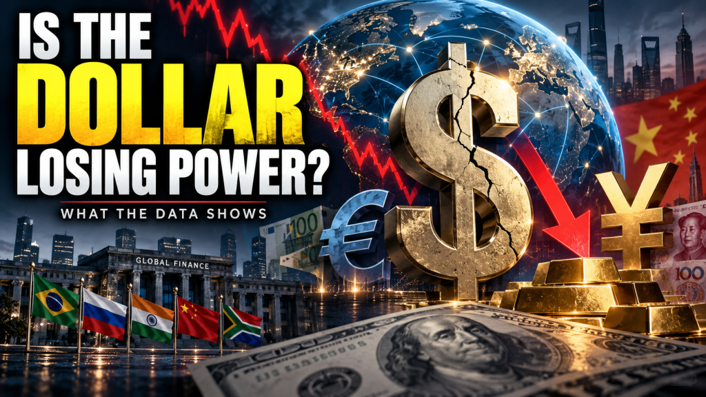 US dollar symbol under pressure from a falling chart, gold, yuan and other global currencies.