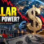 US dollar symbol under pressure from a falling chart, gold, yuan and other global currencies.