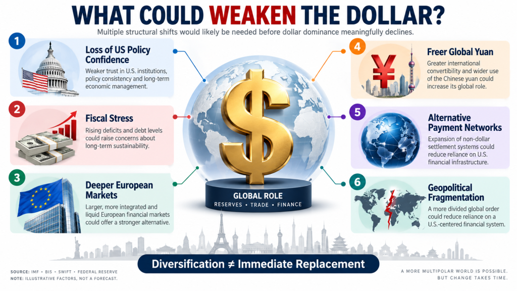 Diagram showing economic and geopolitical factors that could weaken the US dollar's international role.